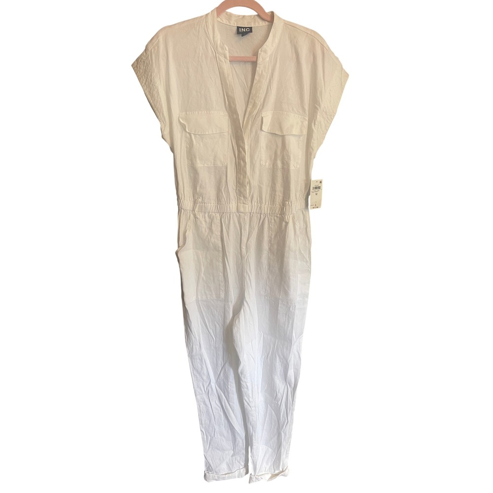 NWT INC International Concepts Fleur Bright White Utility VNeck Jumpsuit Size 12